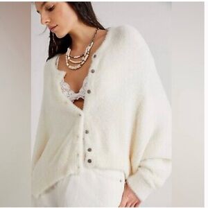 Free People One Wyatt White Cream Fuzzy Cardigan Sweater